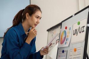 Innovative UX UI Design Discussion. A designer thoughtfully examines a user experience board with visuals. photo