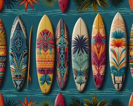 surfboards with unique, colorful designs leans against a striped backdrop photo
