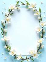 A blank white square card is framed by delicate white flowers photo