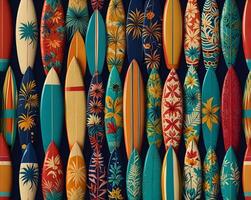 collection of colorful surfboards with unique photo