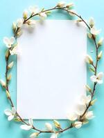 white square card is framed by white flowers with yellow centers against a soft blue background photo