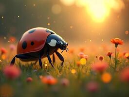 Detailed ladybug walking through field of wildflowers at sunset photo