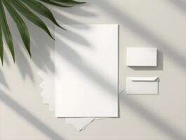 clean, minimalist mockup of stationery with a blank paper, cards, and envelope, arranged under soft shadows photo