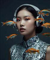 A person wearing white headphones and a metallic patterned top, surrounded by swimming orange and silver fish against a dark background photo