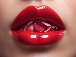 close-up of glossy red lips holding a delicate pink rose photo