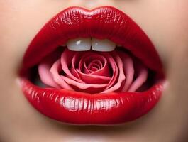 glossy red lips holding delicate pink roses photo
