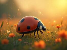 Detailed ladybug walking through a field of wildflowers at sunset photo