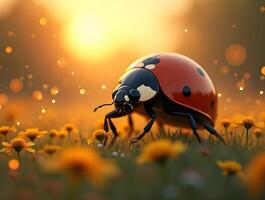 Detailed ladybug walking through field at sunset photo