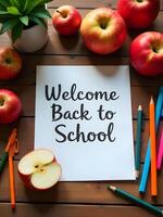 message surrounded by apples and pencils on a rustic wooden table photo