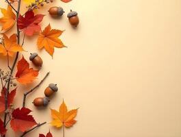 Autumn leaves, acorns, and branches on a warm beige background, perfect for seasonal invitations photo