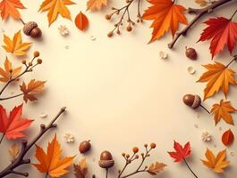 Autumn leaves, acorns, and branches on background, perfect for seasonal designs or invitations photo