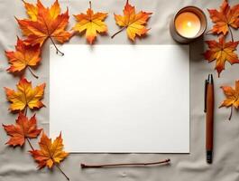 Blank paper with autumn leaves, pen, candle on a soft fabric background photo