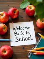 Welcome Back to School message surrounded by apples and pencils on a rustic wooden table photo