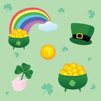 St. Patrick's Day illustration featuring a rainbow, pot of gold, leprechaun hat, gold coin, and shamrock on a light green background with shamrock ornaments. Festive and cheerful design. vector