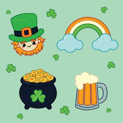 A festive St. Patrick's Day illustration featuring a leprechaun, rainbow, pot of gold, beer, and shamrocks on a light green background. Ideal for stickers, icons, and holiday designs.
