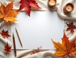 Blank paper with autumn leaves, pen, and a candle on fabric background photo