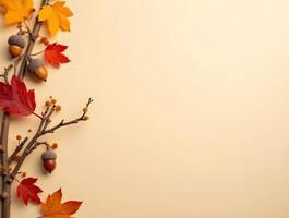 Autumn leaves, acorns, and branches on a warm beige background, perfect for seasonal designs photo