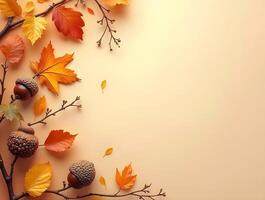 Autumn leaves, acorns, and branches on a warm beige background, perfect for seasonal designs or invitations photo