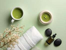 Overhead view of matcha tea, spa stones, towel photo