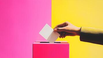 Hand inserting ballot into voting box on colorful background photo