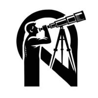 A man looking through a telescope with a tripod vector