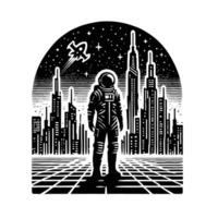 An astronaut standing in front of a city skyline vector