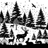 Winter forest scene with deer, birds and trees vector