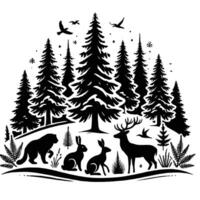 A black and white illustration of a forest scene with deer, birds and trees vector