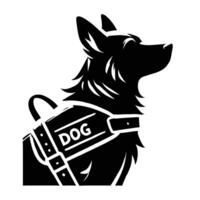 A dog wearing a harness and vest is shown in a silhouette vector