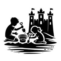 Children playing in the sand with a castle in the background vector