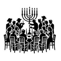 A black and white illustration of a menorah with people around it vector