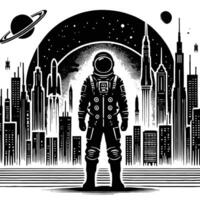 An astronaut standing in front of a city with planets and stars vector