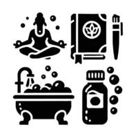 A black and white image of various items including a bathtub, a book, and a bottle vector