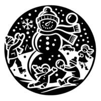 A black and white image of a snowman and children vector