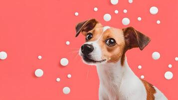 A dog is standing in front of a pink background with bubbles photo