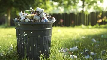 A trash can full of trash on a grassy field photo