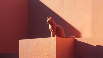 A cat sits on a wall in front of a pink building photo