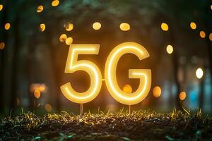 Illuminated 5G Sign in Night Park Setting with Bokeh Lights photo
