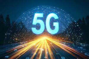 High Speed 5G Network Technology on a Highway at Night Futuristic Digital Data Streams photo