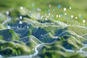 Abstract 3D Render of Green Hills with Data Visualization Overlay Technology and Nature Concept photo