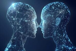 Abstract Digital Connection Two Intertwined AI Faces Networked Nodes Futuristic Technology Concept photo