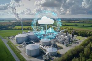 Aerial View of Industrial Plant with Cloud Computing and Data Analytics Overlay photo