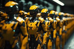 Futuristic Yellow Robots Standing in a Row Advanced AI Technology Industrial Automation Sci Fi photo
