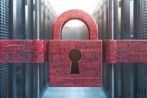 Secure Data Center Red Padlock Cybersecurity Concept Digital Lock Protecting Server Room photo