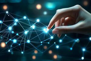 Hand Interacting with Digital Network Global Connection Futuristic Technology Data Visualization photo