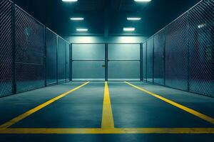 Enclosed Parking Garage with Chain Link Fence Yellow Lines and Gates at Night photo