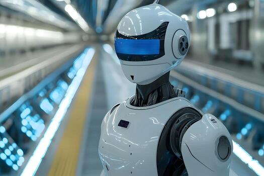 Futuristic White Robot in Modern Tech Corridor AI Artificial Intelligence Android photo