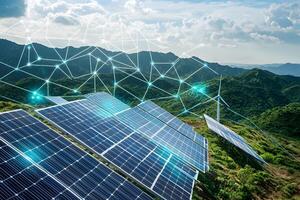 Green Energy Sustainable Solar Panels Wind Turbine on Mountaintop with Network Connection photo