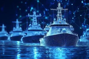 Futuristic Warship Fleet Connected Network Digital Ship Model Naval Technology photo