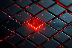 Glowing Red Key on Futuristic Black Keyboard Abstract Technology Background photo